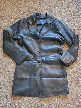 Vintage Women’s Black Leather Button-Front Longline Coat Made In Italy